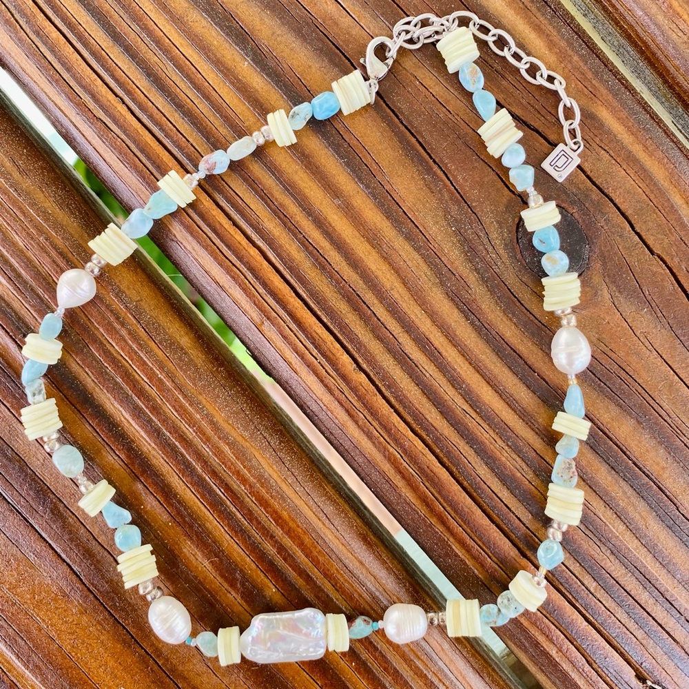 DANNIJO Riviera Freshwater Pearl, Heishi, & Larimar Beaded Necklace NWT - Picture 9 of 14